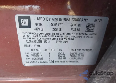 2021 Chevrolet Trailblazer Awd Ls z USA, uszkodzony, nr VIN KL79MNSL0MB153212